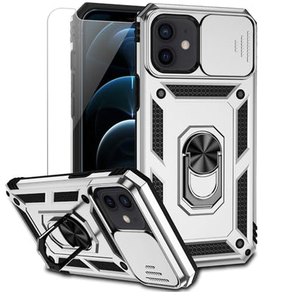 for iPhone 12 Mini Case with Camera Lens Cover HD Screen Protector, Dual Layer Military Grade Drop Protection Magnetic Ring Holder Kickstand Protective Phone Case for iPhone 12 Mini 5.4 inch (Silver) - color: Silver with camera cover Military-Grade 2nd ge