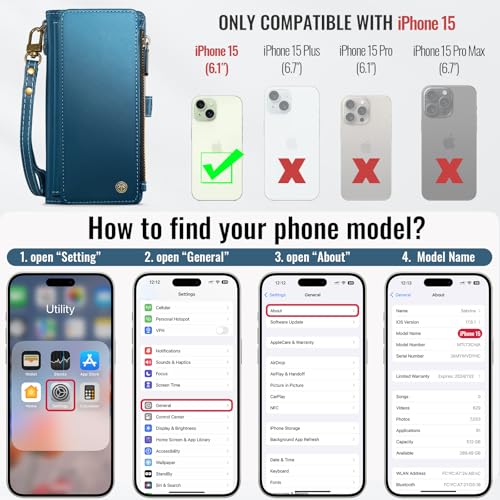 Defencase for iPhone 15 Wallet Case with RFID Blocking Card Holder, Blue | Durable Soft PU Leather, with Zipper Pocket, Wrist Strap, Fashion Snap Flip Phone Cases Cover with Stand for Women and Men - color: Lake Blue