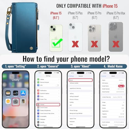 Defencase for iPhone 15 Wallet Case with RFID Blocking Card Holder, Blue | Durable Soft PU Leather, with Zipper Pocket, Wrist Strap, Fashion Snap Flip Phone Cases Cover with Stand for Women and Men - color: Lake Blue