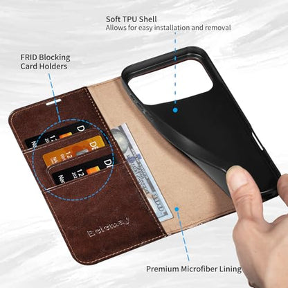 Belemay Leather Wallet Case Compatible with iPhone 17 Pro Max, Premium Cowhide Leather Two-Tone Effect, RFID Blocking Card Holders, Shockproof TPU Shell, Kickstand, Protective Flip Cover, 6.9", Brown - color: Brown, size: iPhone 17 Pro Max