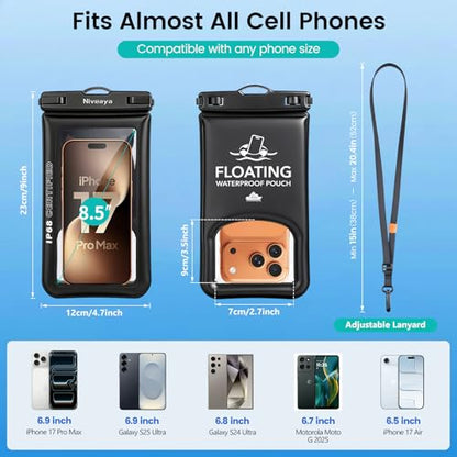 Niveaya Floating Waterproof Phone Pouch, IP68 Waterproof Phone Case with Lanyard for iPhone 17 16 15 Pro Max, Galaxy S25 24 Ultra, Cellphone Dry Bag Beach Cruise Essentials(up to 8.5"-2 Pack) - color: Black+Green