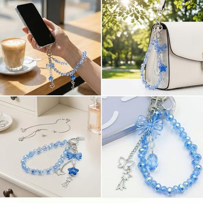 Crystal Beaded Phone Wrist Strap, Cute Cellphone Lanyard Chain, Bow Keychain Wristlet Bag Charms for Women - color: Bow/Blue