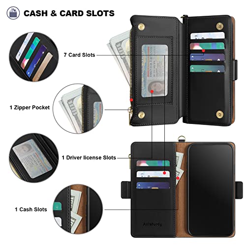 Antsturdy for iPhone 14 Plus Phone Wallet Case Women,Black | RFID Blocking,with Credit Card Holder Slots,PU Leather Purse,Zipper Pocket,Wrist Strap Kickstand,Flip Folio Cover for Men - color: Black-JS