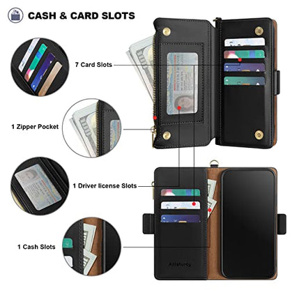 Antsturdy for iPhone 14 Plus Phone Wallet Case Women,Black | RFID Blocking,with Credit Card Holder Slots,PU Leather Purse,Zipper Pocket,Wrist Strap Kickstand,Flip Folio Cover for Men - color: Black-JS