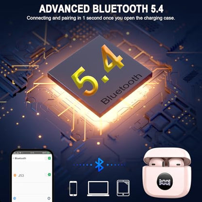 Wireless Earbuds, Bluetooth 5.4 Ear Buds, LED Power Display, 6D Bass Stereo - color: Pink