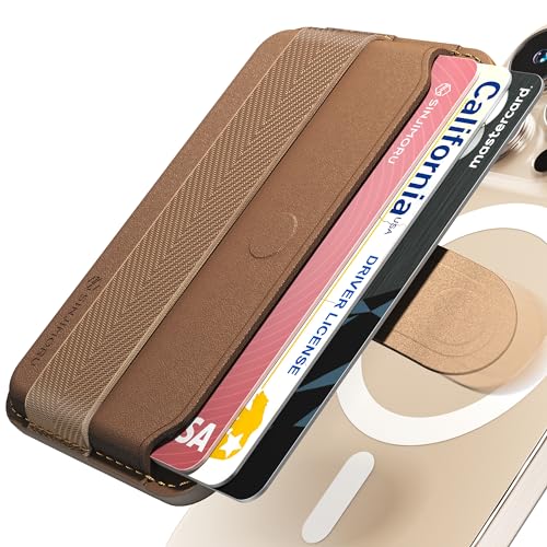 Sinjimoru Pull Tab Magnetic Wallet for MagSafe, Grip Band, Brown | M-Pull Tab Band, 2-in-1, 3 cards holder, phone strap, pull-up strap wallet, vegan leather, fits iPhone 17-12 - color: Band Brown