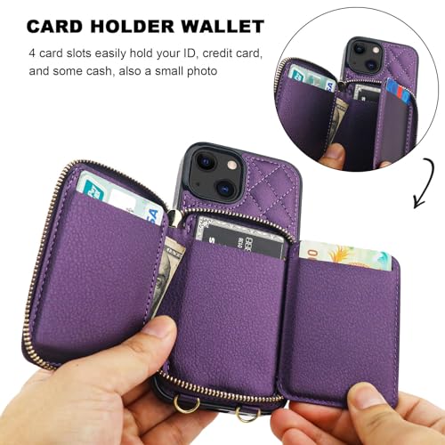 Bocasal Crossbody Wallet Case Card Holder for iPhone 13, Dark Purple | RFID Blocking PU Leather Zipper Handbag Purse, Kickstand Flip Folio Case with Card Slots Holder Wrist Strap Lanyard 6.1 Inch - color: Dark Purple