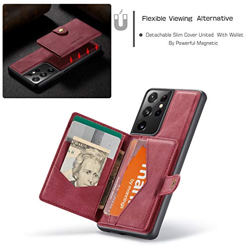 Simicoo Compatible with Samsung S22 Ultra Detachable Magnetic Wallet case Credit Card Holder Money Clip Front Pocket Stand Leather Men Women Wallet Double Shockproof (Red) - color: Red