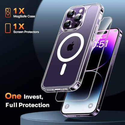 TAURI for iPhone 14 Pro Case, Compatible with MagSafe, Clear | with Screen Protector, Not-Yellowing Military-Grade Protection, Shockproof Slim Magnetic Case for iPhone 14 Pro - color: A-Magnetic Clear