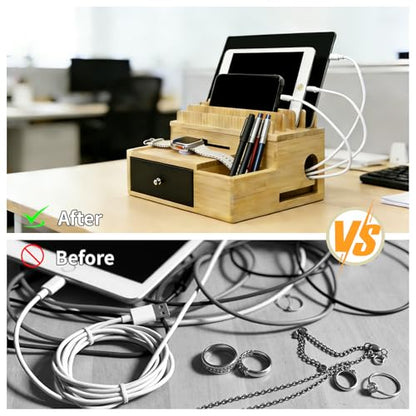 Bamboo Charging Station Organizer with Drawer and Pen Holder