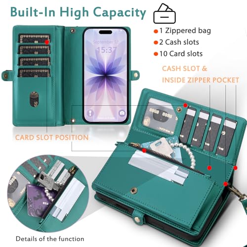 for Wallet Case Compatible with iPhone 17,Multi-Function Detachable 2 in 1 Magnetic iPhone 17 Case Wallet,Flip Strap Zipper Card Holder Phone Case with Shoulder Straps (Green) - color: Green, size: iPhone 17