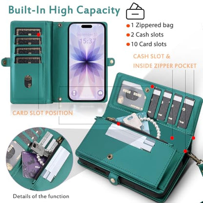 for Wallet Case Compatible with iPhone 17,Multi-Function Detachable 2 in 1 Magnetic iPhone 17 Case Wallet,Flip Strap Zipper Card Holder Phone Case with Shoulder Straps (Green) - color: Green, size: iPhone 17