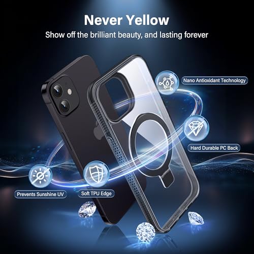 Magnetic Case for iPhone 12/12 Pro - [Built-in Invisible Stand] [Compatible with MagSafe] [Military Grade Drop Protection] Anti-Yellowing Hard Back Silicone Edge Cover, 6.1", Clear Black - color: Clear Black, size: iPhone 12/12 Pro 6.1''