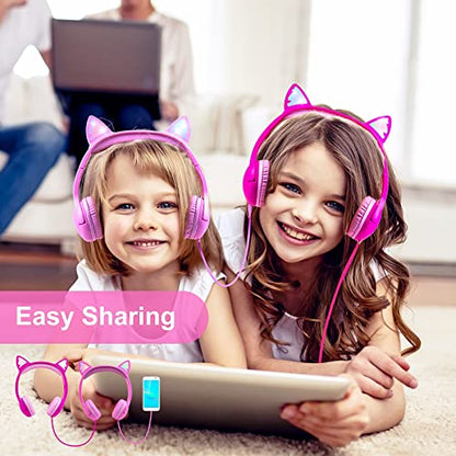 Olyre Kids Cat Ear Headphones, Girls Wired Headset, Audio Sharing Jack, Mic - color: All-Pink