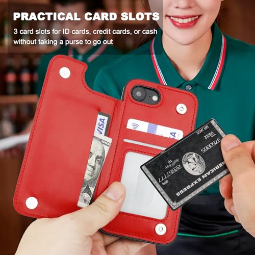 ONETOP for iPhone 17e/16e Wallet Case with Credit Card Holder,Red | 360° Rotation Ring Kickstand,Finger Grip,Double Magnetic Clasp,RFID Blocking PU Leather Shockproof Cover for Women Men - color: Red