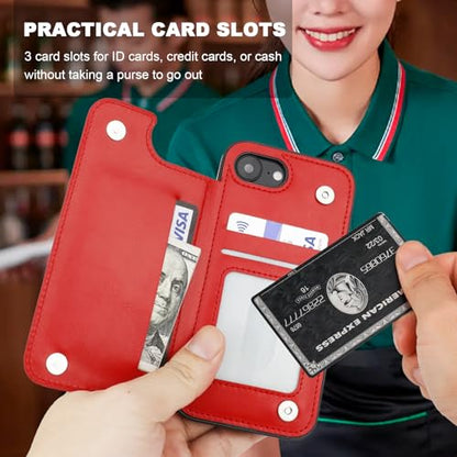 ONETOP for iPhone 17e/16e Wallet Case with Credit Card Holder,Red | 360° Rotation Ring Kickstand,Finger Grip,Double Magnetic Clasp,RFID Blocking PU Leather Shockproof Cover for Women Men - color: Red