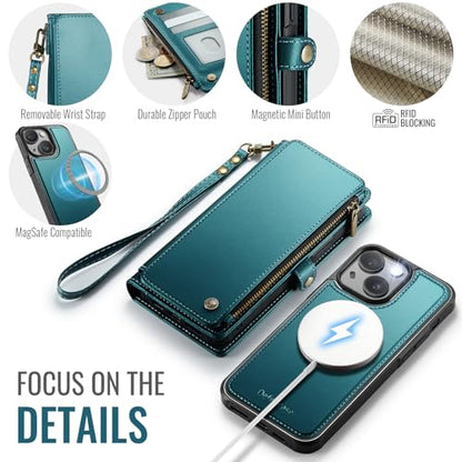 Defencase for iPhone 14 Plus Case Wallet Compatible with Magsafe, Blue Green - color: (Detachable with Magsafe)-Blue Green