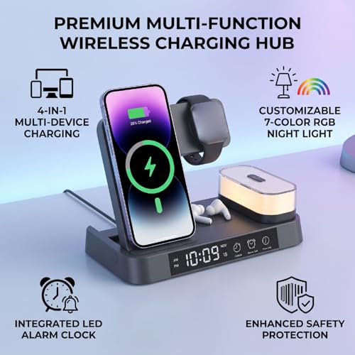 ASHATA 4 in 1 Wireless Charging Station 3 in 1 Stand with Digital Alarm Clock 7 Color Night Light for Phone Watch Earbuds (Black) - color: Black
