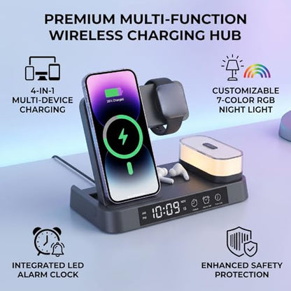 ASHATA 4 in 1 Wireless Charging Station 3 in 1 Stand with Digital Alarm Clock 7 Color Night Light for Phone Watch Earbuds (Black) - color: Black