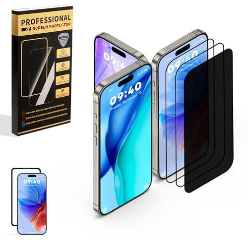 3 Pack for iPhone 14 Pro Max iPhone15 iPhone 16 Pro Max Screen Protector,Tempered Glass,2 HD 1 Privacy with Installation Frame Anti-spy HD 12FT Military Grade Shatterproof Bubble Free - size: 99001