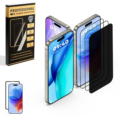 3 Pack for iPhone 14 Pro Max iPhone15 iPhone 16 Pro Max Screen Protector,Tempered Glass,2 HD 1 Privacy with Installation Frame Anti-spy HD 12FT Military Grade Shatterproof Bubble Free - size: 99001