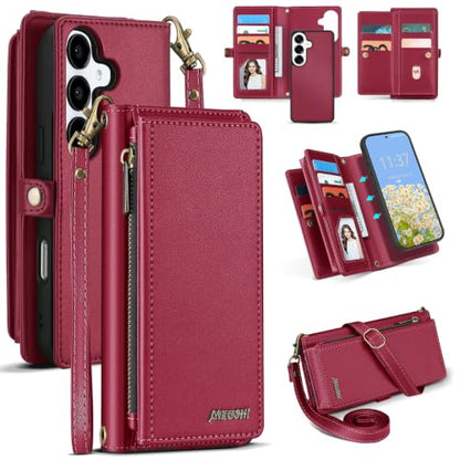 for Samsumg Galaxy S25 Wallet Case, Detachable Magnetic Shockproof Phone Case,Faux Leather Crossbody Wallet,with RFID Blocking，Zipper Card Holder，Shoulder Strap (Red) - color: Red, size: Samsumg Galaxy S25