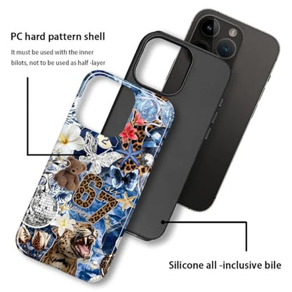 Case for iPhone 15, Cute Phone Case, Blue Leopard Collage | Hybrid 2-Layer Phone Cover，Military-Grade Protection Durable Shockproof Anti-Scratch Cases - color: Blue Leopard Collage, size: Iphone 15