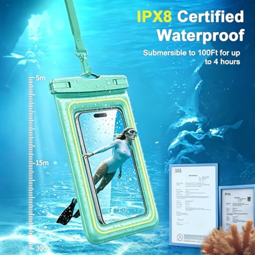 Waterproof Phone Pouch, 1 Pack IP68 Water Proof Cell Phone Case Floating | Beach & Cruise Essentials, Touch Screen, Dry Bag for iPhone 17 16 Pro Max Plus, Samsung Galaxy S26 S25/ Z Fold8 Ultra/Z Flip8 - color: Green, size: 7.5"