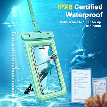 Waterproof Phone Pouch, 1 Pack IP68 Water Proof Cell Phone Case Floating | Beach & Cruise Essentials, Touch Screen, Dry Bag for iPhone 17 16 Pro Max Plus, Samsung Galaxy S26 S25/ Z Fold8 Ultra/Z Flip8 - color: Green, size: 7.5"