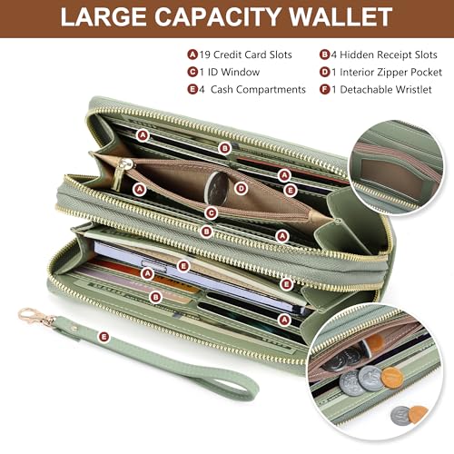 yiijay Womens Wallet RFID Blocking Large Capacity Vegan Leather Double Zip Wristlet Wallet Card Holder Travel Ladies Clutch - color: Light Green