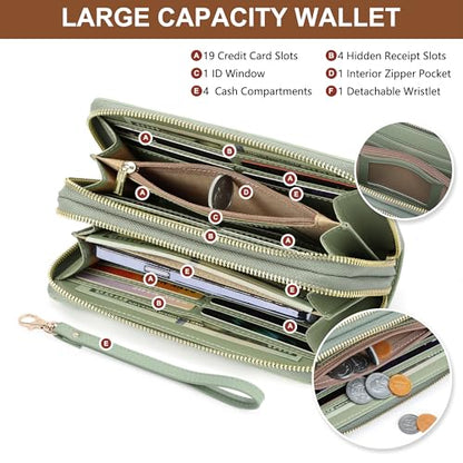 yiijay Womens Wallet RFID Blocking Large Capacity Vegan Leather Double Zip Wristlet Wallet Card Holder Travel Ladies Clutch - color: Light Green