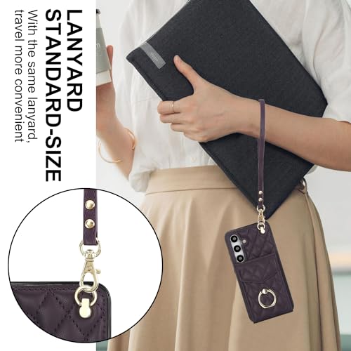 Phone Case for Samsung Galaxy S24 5G Wallet Cover with Tempered Glass Screen Protector Crossbody Wrist Strap Ring RFID Blocking Credit Card Holder Cell S 24 24S G5 SM-S921U Women Men Girls Dark Purple - color: Dark Purple