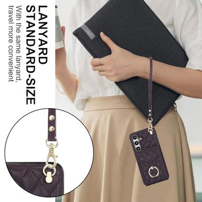 Phone Case for Samsung Galaxy S24 5G Wallet Cover with Tempered Glass Screen Protector Crossbody Wrist Strap Ring RFID Blocking Credit Card Holder Cell S 24 24S G5 SM-S921U Women Men Girls Dark Purple - color: Dark Purple