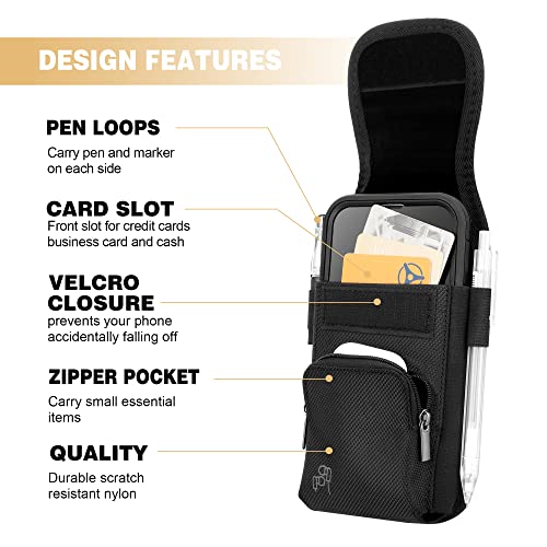 Perilogics Cell Phone Belt Holster,Nylon Phone Pouch with Belt Clip | Belt Pouch with Card Slot, Pen Loops, Zipper Pocket, Fits iPhone 17/16/15/14 Pro Max, 16/15/14 Plus,Hook & Loop Closure