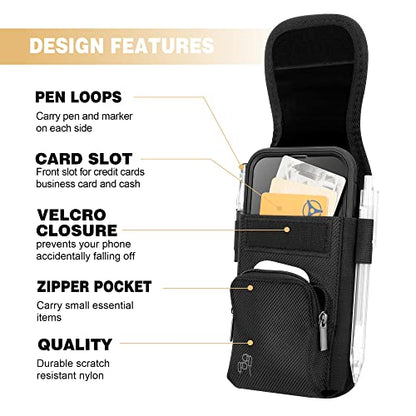 Perilogics Cell Phone Belt Holster,Nylon Phone Pouch with Belt Clip | Belt Pouch with Card Slot, Pen Loops, Zipper Pocket, Fits iPhone 17/16/15/14 Pro Max, 16/15/14 Plus,Hook & Loop Closure