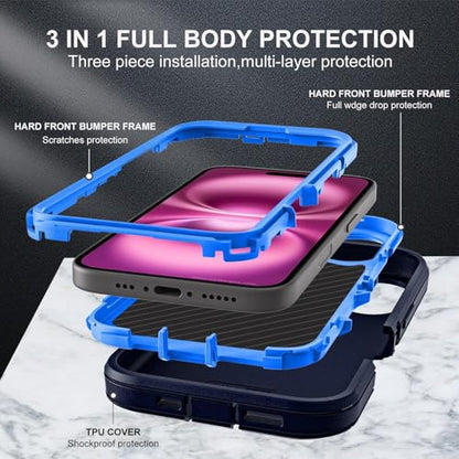 YKHJKLEC for iPhone 16 Plus Case, Military Grade 3 in 1 Heavy Duty Shockproof/Drop Proof/Dust Proof Case with 2Pcs Tempered Glass Screen Protector (Navy Blue) - color: Navy Blue