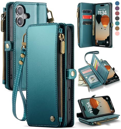 Defencase for iPhone 17 Wallet Case with RFID Blocking Card Holder, Green | Durable Soft PU Leather, with Zipper Pocket, Wrist Strap, Fashion Snap Flip Phone Cases Cover with Stand for Women and Men - color: Blue Green