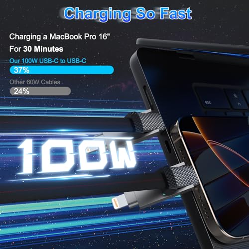 4-in-1 100W USB C Cable Lightning Charging Cable - 6FT Flat Braided Multi iPhone iPad Charger Cord with Lightning, USB-C for iPhone 15/16, Samsung, iPad, MacBook - Supports CarPlay and Android Auto