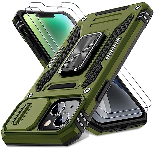 DEERLAMN Case for iPhone 13/iPhone 14 6.1-Inch with Slide Camera Cover+Screen Protector(2 Packs),Rotated Ring Kickstand Military Grade Shockproof Protective Cover-Olive Green - color: Olive Green