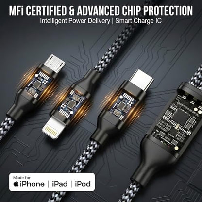 3 in 1 Multi Charging Cable 4ft 2Pack,MFi Certified fast charger cord - color: Grey/Black-4ft