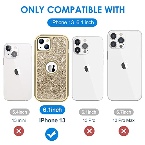 Hython Case for iPhone 13 Case Glitter, Cute Sparkly Shiny Bling Sparkle Cover, Heavy Duty 3 in 1 Hybrid Hard PC Soft TPU Bumper Full Body Shockproof Protective Phone Cases for Women Girls, Gold - color: Gold