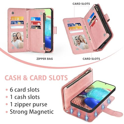 Asuwish Phone Case for Samsung Galaxy A71 5G Zipper Wallet Magnetic Detachable Cell Cover with Tempered Glass Screen Protector Crossbody Strap Flower Card Holder A 71 G5 71A S71 Women Girls Rose Gold - color: Rose Gold
