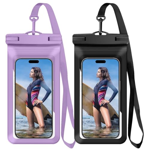 Waterproof Phone Pouch for iPhone 17 16 Pro Max IPX8 Black+Purple | Card Pocket, Lightweight, Large Cellphone Dry Bag, IPX8 Rated, Beach Essential, Cruise Ship, 2 Pack, 8.3 inch - color: B9-A2-Purple+Black- 2 pack