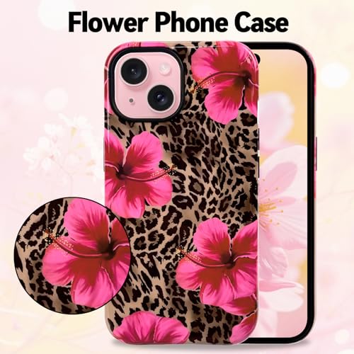 Lovmooful for iPhone 15 Case Cute Flower Leopard-Hibiscus | Compatible for iPhone 15 Case,Aesthetic,Hibiscus,Floral,2 in 1,for Women Girls,Soft TPU+PC,Shockproof,Protective - size: iPhone 15