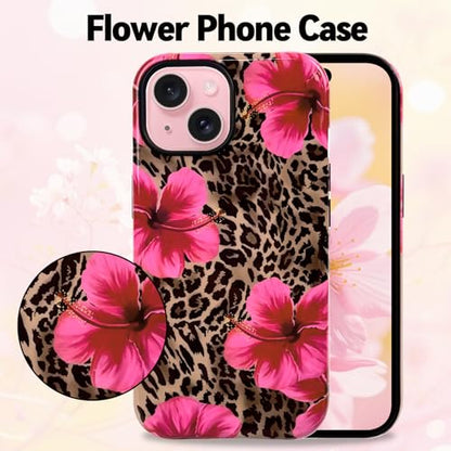 Lovmooful for iPhone 15 Case Cute Flower Leopard-Hibiscus | Compatible for iPhone 15 Case,Aesthetic,Hibiscus,Floral,2 in 1,for Women Girls,Soft TPU+PC,Shockproof,Protective - size: iPhone 15