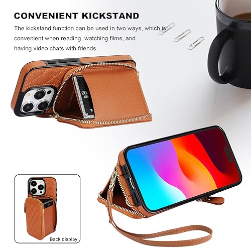 Bocasal Crossbody Wallet Case Card Holder for iPhone 15 Pro, Brown | RFID Blocking PU Leather Zipper Handbag Purse, Kickstand Flip Folio Case with Card Slots Holder Wrist Strap Lanyard 6.1 Inch - color: Brown