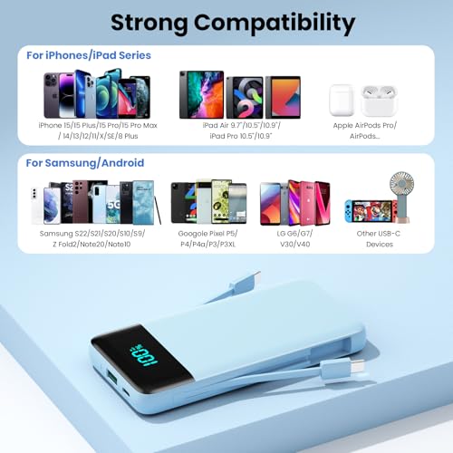 Portable Charger for iPhone with Built in Cables and Wall Plug,Upgraded 13800mAh Fast Charging USB C Power Bank,4 Outputs Travel Essential Battery Pack Compatible with iPhone 17/16/15/14,-Light Blue - color: Light Blue