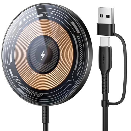 JSAUX Charger for iPhone 17 Magsafe Wireless Charging, Compatible with iPhone 17 Air Pro Max/16/15/14/13/12 Series, Magnetic Mag Safe Charging Pad, Aluminum Alloy, USB & USB C Dual Ports (Clear-Black) - color: Clear-Black