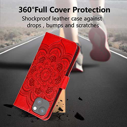 EYZUTAK Case for iPhone 14 Plus, Premium PU Leather Magnetic Flip Wallet Case with Card Holder Cash Slot Lanyard Strap Kickstand Function Embossed Mandala Flower Pattern Shockproof Cover - Red - color: Red, size: iPhone 14 Plus