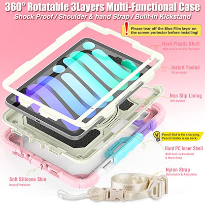 SEYMAC stock Case for iPad Mini 7 (A17 Pro)2024/ Mini 6 8.3'' with Screen Protector Pencil Holder [360 Rotating Hand Strap] &Stand, Drop-Proof Case for iPad Mini 7th/6th Generation 8.3",Yellowish+Pink - color: Yellowish+Pink